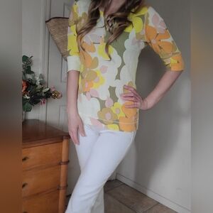 Lucky Brand funky fun floral 70s vibe 100% cotton thermal blouse size large
